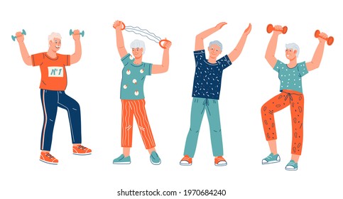 Group of elderly people keep fit through sport exercises, cartoon flat vector illustration isolated on white background. Active senior men and women engaged in sport.