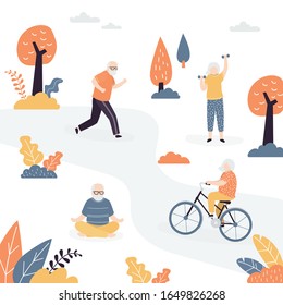 Group of elderly people making sport activity in park. Old woman cycling and fitness outdoors. Grandfather sitting in lotus pose. Health care lifestyle concept. Trendy vector illustration