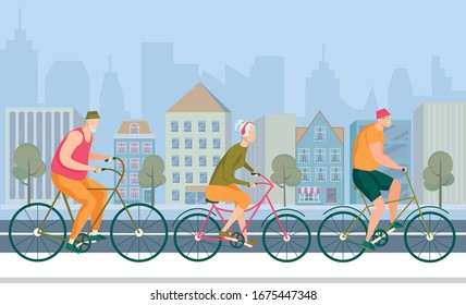 Group Elderly People on Bike Ride at City Road. Two Men and Woman with Gray Hair in Environmentally Friendly Vehicle Play Sport. Trip around City in Sportswear, Good for Health and Cardio Training.