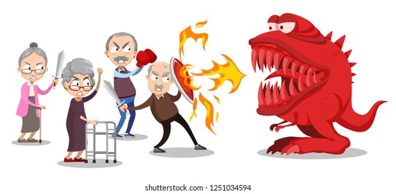 Group of elderly people protecting from attacked monster. Cartoon old senior and women defending from dangerous disease with shield and swords vector illustration