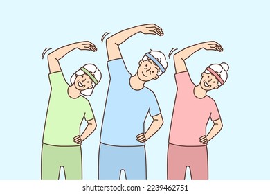 Group of elderly people in sportswear training together. Mature grey-haired men and women do morning gymnastics follow healthy lifestyle. Vector illustration. 