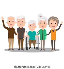 Group of elderly people stand together. Health Cartoon Vector illustration. Old Senior people concept. grandfather and grandmother.