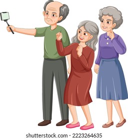 Group of elderly people taking selfie illustration