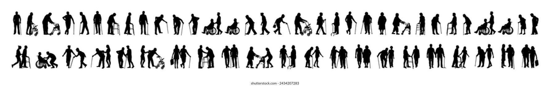 Group of elderly people with walking aids in different poses vector silhouette set collection.