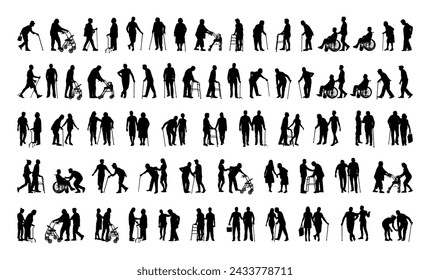 Group of elderly senior people with walking aids silhouette set large collection.