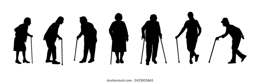 Group of elderly woman with walking sticks silhouette set. 