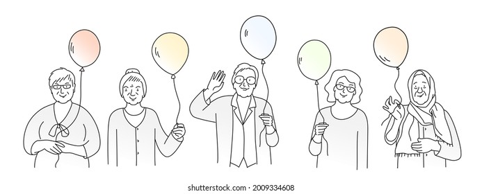 Un grupo de ancianas con globos saluda. Ilustración vectorial dibujada a mano. Blanco y negro.