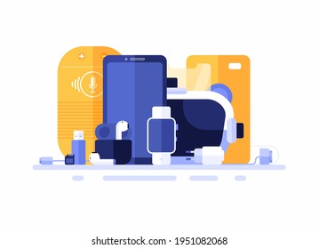 Group of electronics gadgets. Flat vector illustration. Smartphone, smart speaker, fitness tracker, vr headset, earphones and cables isolated on white. Fits for electronics store advertising banner