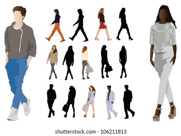 Group of elegant dressed in fashion clothes young people. Long legs and perfect body proportions. Vector color illustration on white.