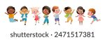 Group of elementary or kindergarten little children. Diverse multinational school children. Happy school kids boys and girls of different race. Vector characters clipart illustration isolated.