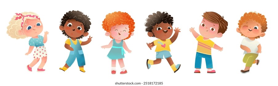 Group of elementary or kindergarten little children boys and girls. Diverse multinational school children. Happy kids boys and girls of different race. Vector characters clipart illustration isolated.