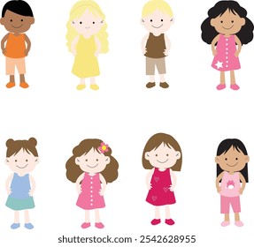 Group of elementary or kindergarten little children. Diverse multinational school children. Happy school kids boys and girls of different race. Vector characters clipart illustration isolated.
