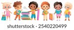 Group of elementary or kindergarten little kids reading books. Education and learning at school. Preschool kids boys and girls. Children school education vector clipart illustration isolated.