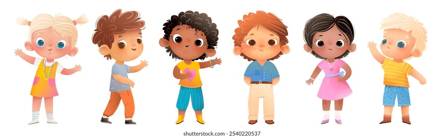 Grupo de niños de primaria o jardín de infantes. Diversos escolares multinacionales. Niños y niñas preescolares felices de diferentes razas. Ilustración Clipart de personajes de niños de Vector aislada.