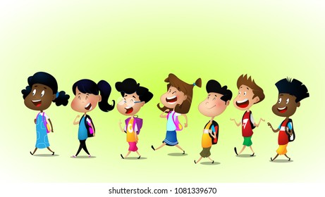 Group elementary multiracial children are going to school. Vector