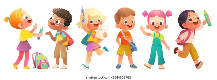 Group of elementary or primary school children with pencils and backpacks. Playful happy kids, back to school character design. Colorful children education characters vector cartoon illustration.