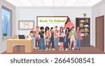 A group of elementary school children stand in a classroom with a teacher near a blackboard with an inscription Back to school. School and education concept. Vector Not AI generated