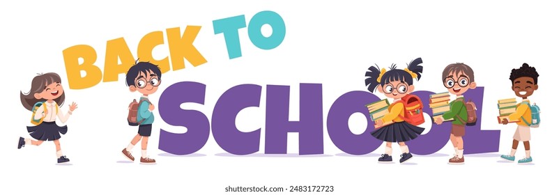 Group of elementary school pupils with backpacks standing with large Back to School text banner. Happy kids are back to education. Vector illustration for poster, flyer, sale banner