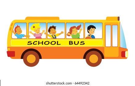 Group of elementary school pupils in a school bus
