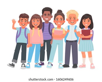 Group of elementary school students. Boys and girls of different nationalities with books and backpacks on a white background. Vector illustration in cartoon style