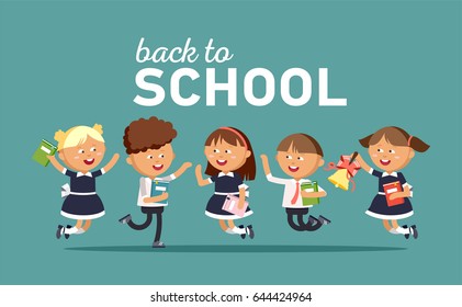 Group of elementary school students. Boys and girls dressed in school uniforms are holding textbooks. Happy pupils are jumping against a white background. Vector illustration in cartoon style