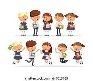 Group of elementary school students. Boys and girls dressed in school uniforms are holding textbooks. Happy pupils are jumping against a white background. Vector illustration in cartoon style
