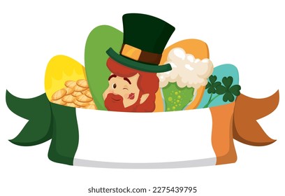 Group of elements to commemorate St. Patrick's Day: Irish tricolour flag, Leprechaun face with kiss, pile of gold coins, green beer and four-leaf clovers in cartoon style.