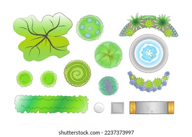 Group of elements for landscape design of park on white backgrou