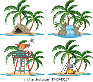 Group of elements in tropical island cartoon style on white backgroud illustration