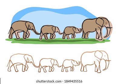 Group of elephants - line style illustrations - Hand drawn