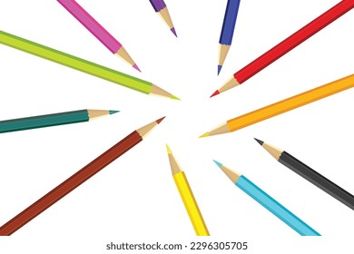 Group of eleven whole colored pencil flatlay isolated on white background, Top view wooden color pencils 