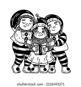 Group of elves in retro style. Three elves: two boys and one girl with Christmas present, stand together