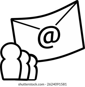 Icono de lista de difusión de correo electrónico de grupo. Llegar a la audiencia en línea con la campaña de email marketing, Suscripción de boletines, envío de mensajes de marketing por correo electrónico. Estrategia de email marketing digital.