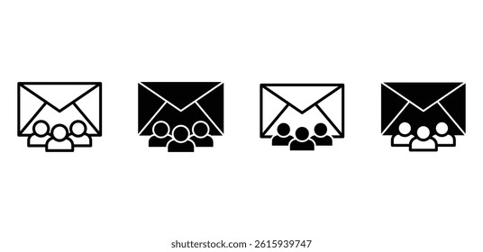 Group Email Icon Set Black and White Envelope and People Symbols Vector Design