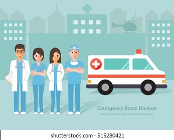 Group Of Emergency Room (ER) Doctors And Nurse. Man And Woman Medical Staff Standing In Front Of Hospital With Ambulance. Flat Design People Characters.