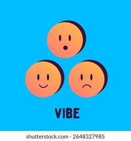 Group of emoticons each with different facial expression and vibe text. Mood, personality and quirky joy. Flat vector illustration.