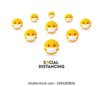 Group of emoticons wear protection mask and keep distancing to prevent spreading the virus covid-19. Social distancing text - isolated vector illustration