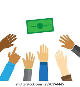 Group of employee reach out for money cash, job and money earning concept, vector flat style white background, copy space for text