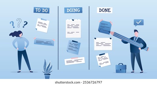 Group of employees adds new notes. Various note stickers and pen. To do list, in progress task and finished one. Project management, business people planning office day. Scheduling, meeting reminders