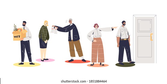 Group of employees being fired. Unemployment, layoff, loosing job and dismissal concept. Cartoon business bosses firing workers and breaking contracts. Vector illustration