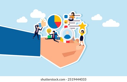 Um grupo de funcionários desenvolvendo trabalho em equipe para criar um gráfico de relatório, ilustrando o trabalho em equipe eficiente e eficaz que aumenta o lucro e a receita da empresa