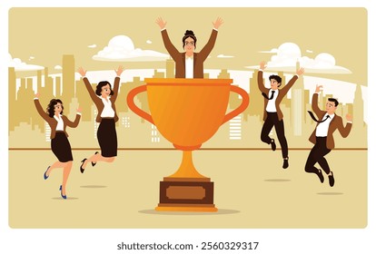 A group of employees celebrates success with a trophy against the backdrop of the city skyline. Business team cooperation in the company. Employee Appreciation Day concept. Flat vector illustration.