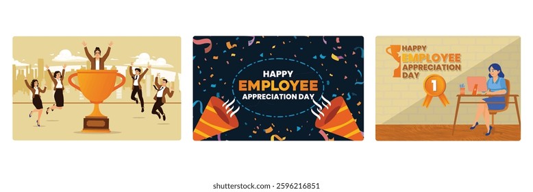 A group of employees celebrates success.Employee Appreciation Day Celebration Banner with festive confetti. A female employee working professionally in the office. Employee Appreciation Day concept.