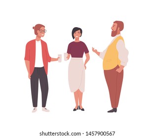 Group of employees, clerks or office workers. Funny men and women standing together and talking. Professional conversation among colleagues during coffee break. Flat cartoon vector illustration.