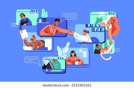 Group of employees communicates by video conference. Friends chat, talk by online call. Distance conversation, digital meeting in internet. Concept of remote work. Flat isolated vector illustration