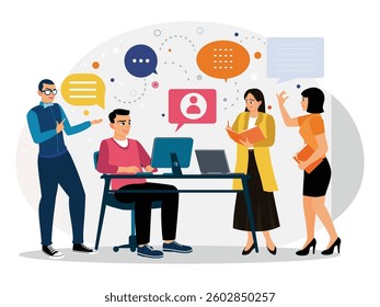 A group of employees discussing at the negotiating table. Communicate with computer and speech bubbles. Flat vector illustration.