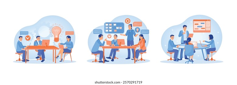 A group of employees is discussing at the table office. Exchange opinions in developing the company. Employees communicate with each other and work together. Team communication concept.