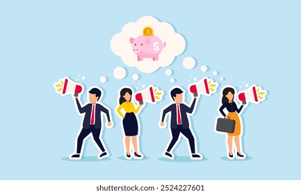 A group of employees promoting a piggy bank with a megaphone, illustrating the promotion or education of the right investment model.