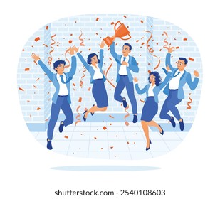 Grupo de empleados con trofeos celebrando la victoria en el trabajo. Trabajo en equipo exitoso. Colegas regocijándose por el concepto de éxito. Ilustración vectorial plana.