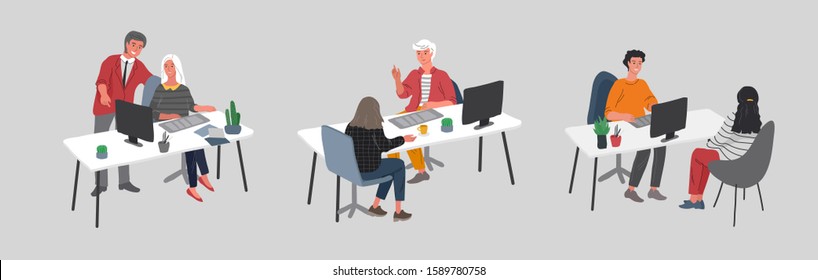 Group employees workers communicate or talk with a client or talk between teamwork or meeting, brainstorm. Successful business of young trendy people. Vector cartoon concept illustration.